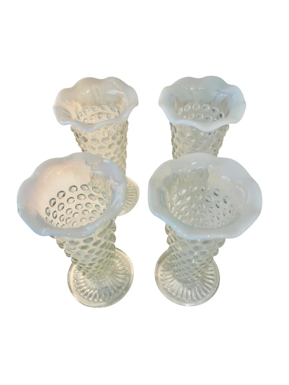 Vintage Anchor Hocking Moonstone Opalescent Hobnail Bud Vases Set of 4 Ruffled 5